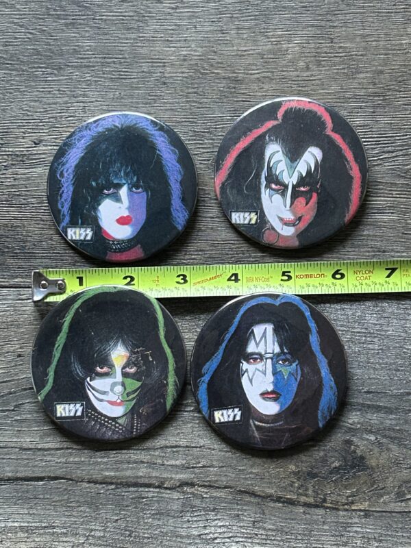 KISS BUTTON Pin Badge 1978 Solo Albums 4pc Set White Logo 3" Aucoin Vintage Kiss