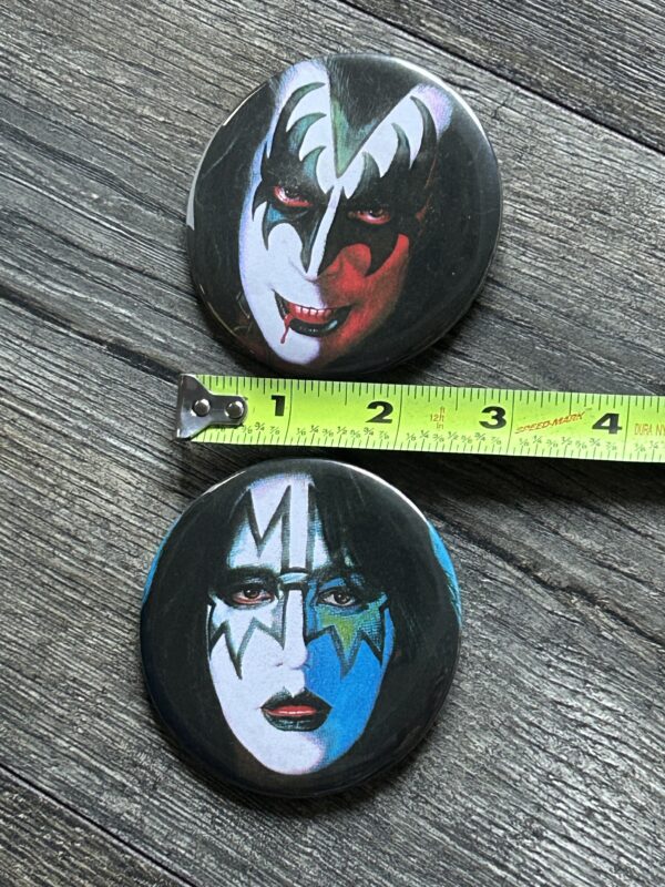 KISS BUTTON Pin Badge 1978 Solo Albums Gene Ace 2pc Lot 3" Aucoin Vintage Kiss