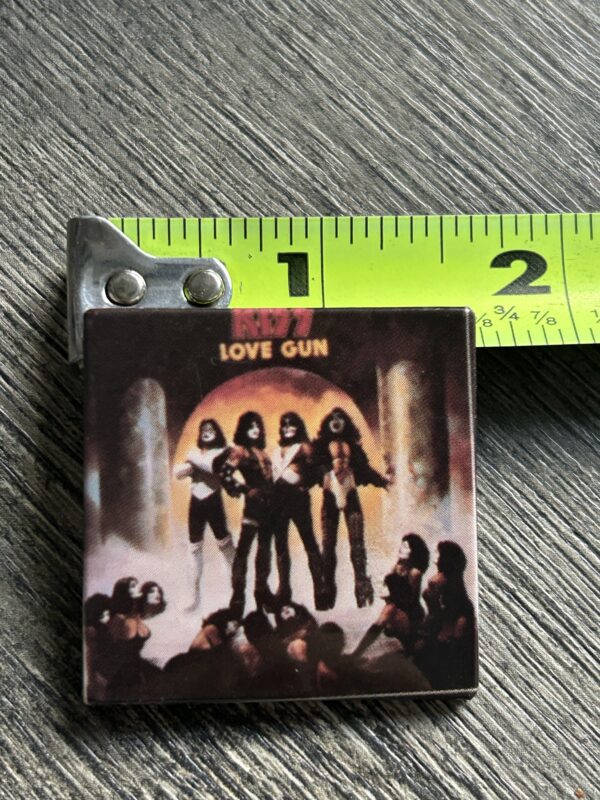 KISS BUTTON Pin Badge Love Gun Album Cover 1 1/2" Square Aucoin Era Vintage Kiss