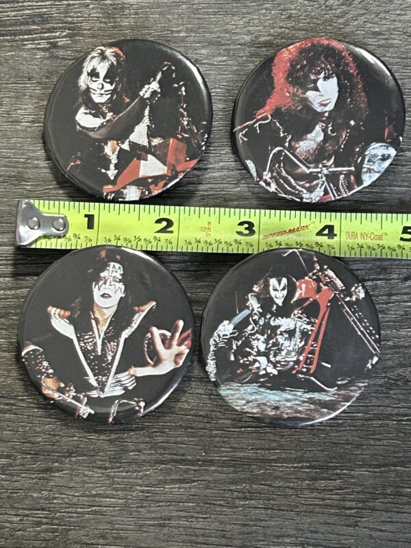 KISS BUTTON Pin Badge Destroyer Motorcycles 4pc Set 2 1/8" Vintage Kiss Aucoin