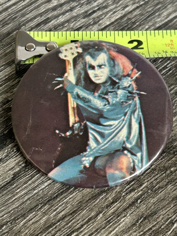 KISS BUTTON Pin Badge Dressed To Kill Tour Gene Simmons 2.25 Vintage Kiss Aucoin