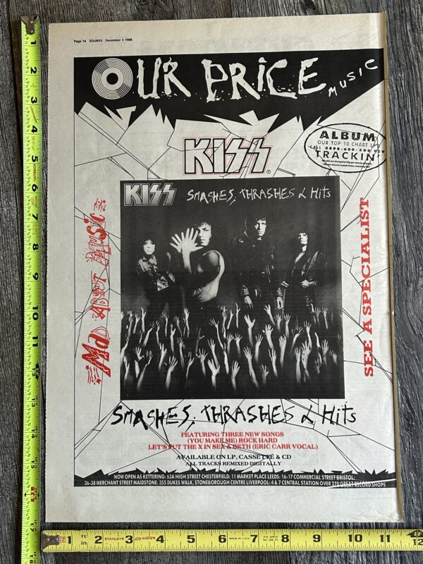 KISS Ad Advert Smashes Thrashes & Hits Vinyl Cassette 1988 UK 11x17 Vintage Kiss