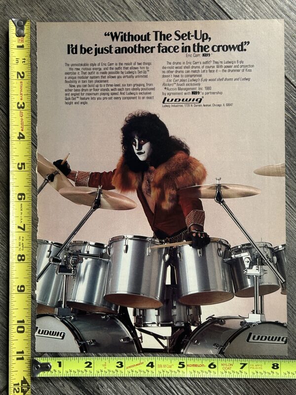 KISS Ad Advert ERIC CARR Fox Ludwig Drums Unmasked 1980 USA Vintage Kiss Aucoin