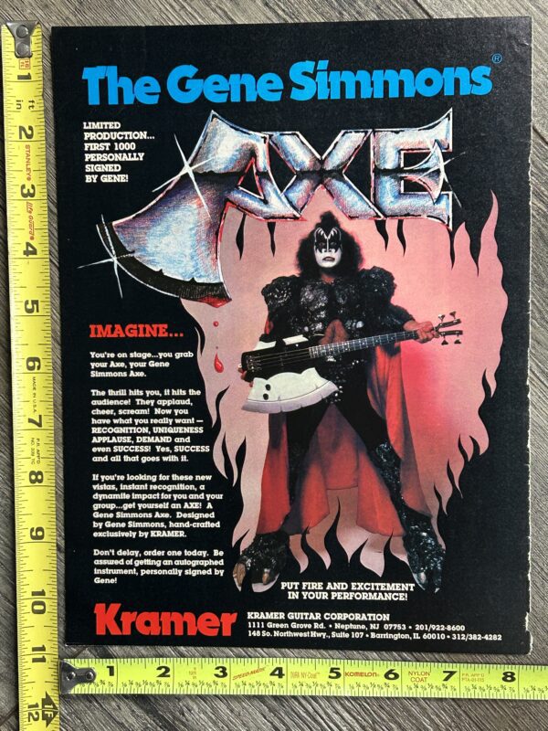 KISS Ad Advert GENE SIMMONS Axe Bass Kramer Guitars Vintage Kiss Aucoin