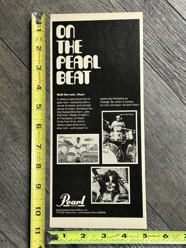 KISS Ad Advert PETER CRISS Pearl Drums On The Pearl Beat '75 Vintage Kiss Aucoin