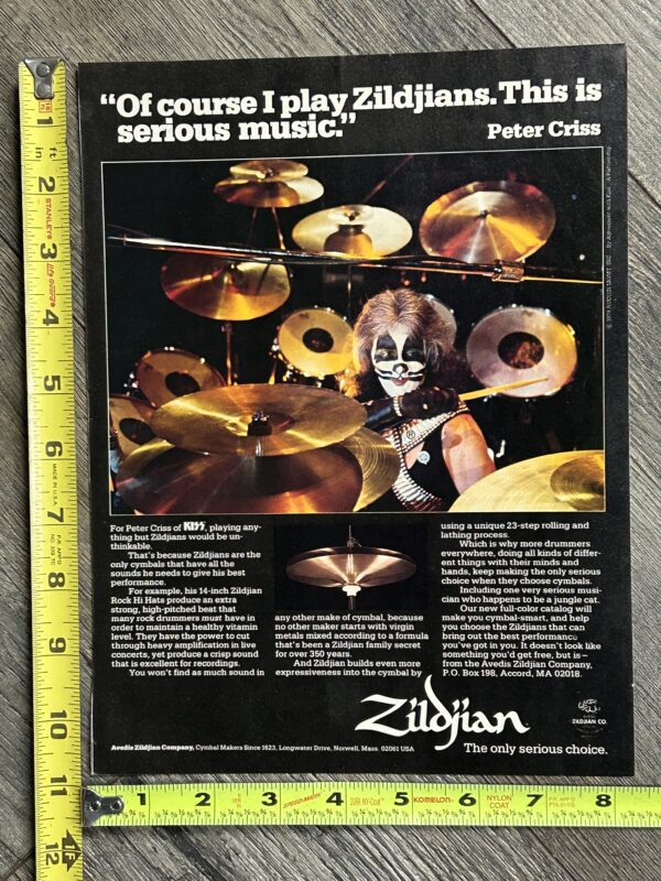 KISS Ad Advert PETER CRISS Zildjian Cymbals Alive 2 USA Vintage Kiss Aucoin