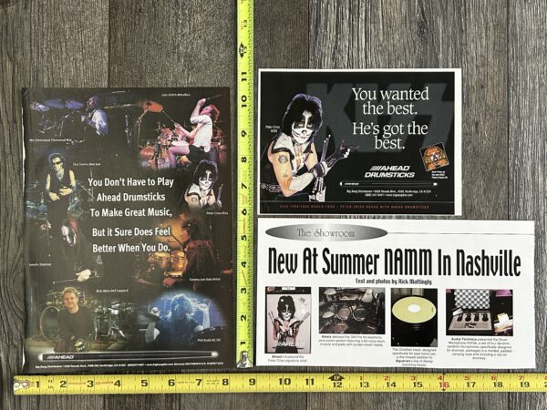 KISS Ad Advert PETER CRISS Ahead Drumsticks Psycho Circus 3pc Lot Vintage Kiss