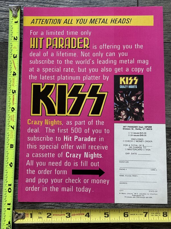 KISS Ad Advert Crazy Nights Tape Hit Parader Magazine Subscription Vintage Kiss