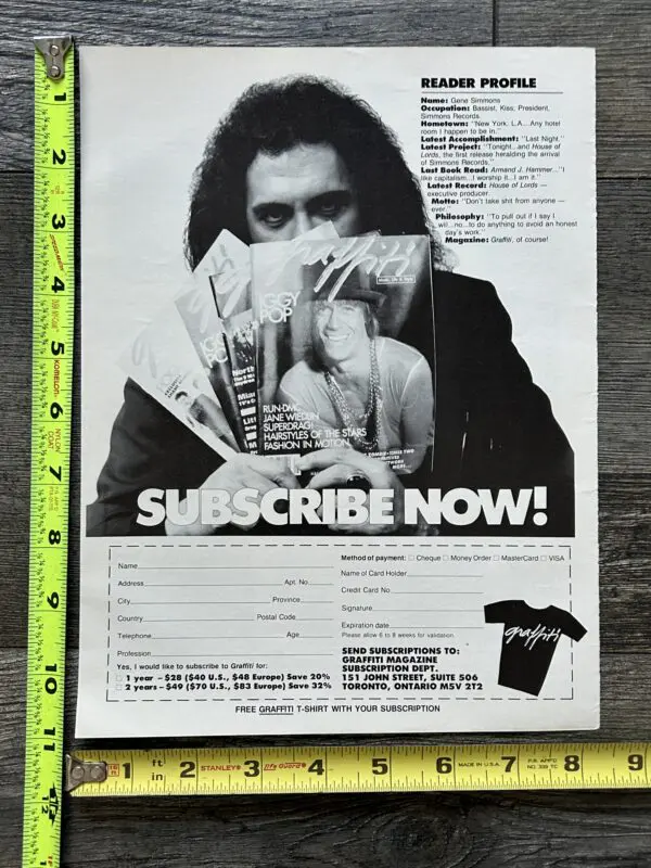 KISS Ad Advert GENE SIMMONS Graffiti Magazine Subscription Canada Vintage Kiss