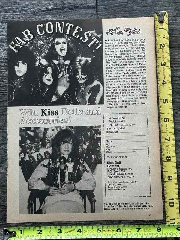 KISS Ad Advert Kiss Mego Doll Giveaway 1978 Contest Vintage Kiss Aucoin Era