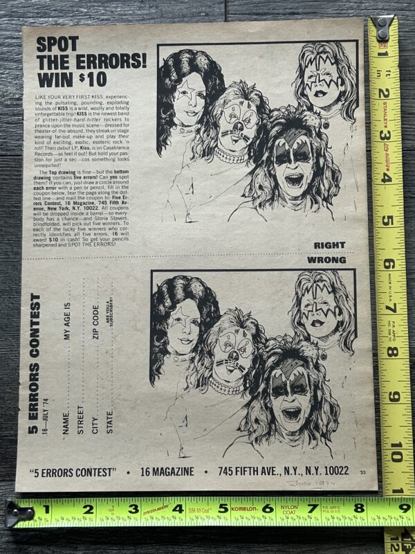 KISS Ad Advert Debut Album Spot The Art Errors Contest 1974 Vintage Kiss Aucoin