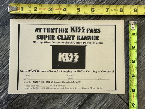 KISS Ad Advert Kiss Logo Banner 1977 Order Form Vintage Kiss Aucoin Memorabilia