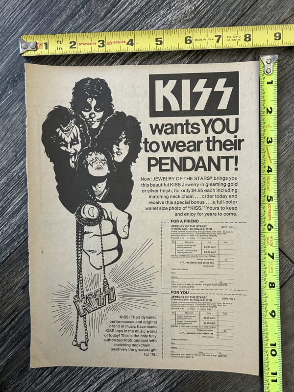 KISS Ad Advert Kiss Pendant Logo Necklace Jewelry 1978 Vintage Kiss Aucoin A