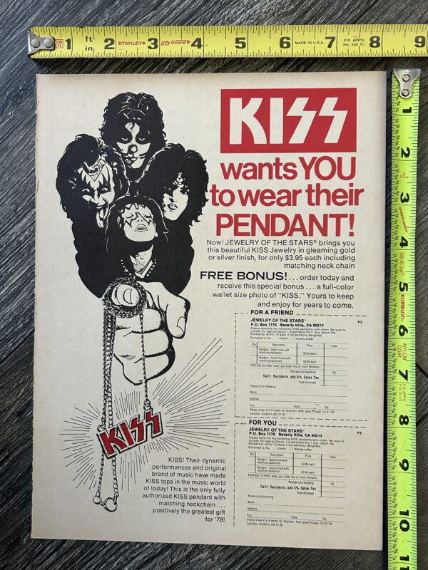 KISS Ad Advert Kiss Pendant Logo Necklace Jewelry 1978 Vintage Kiss Aucoin B