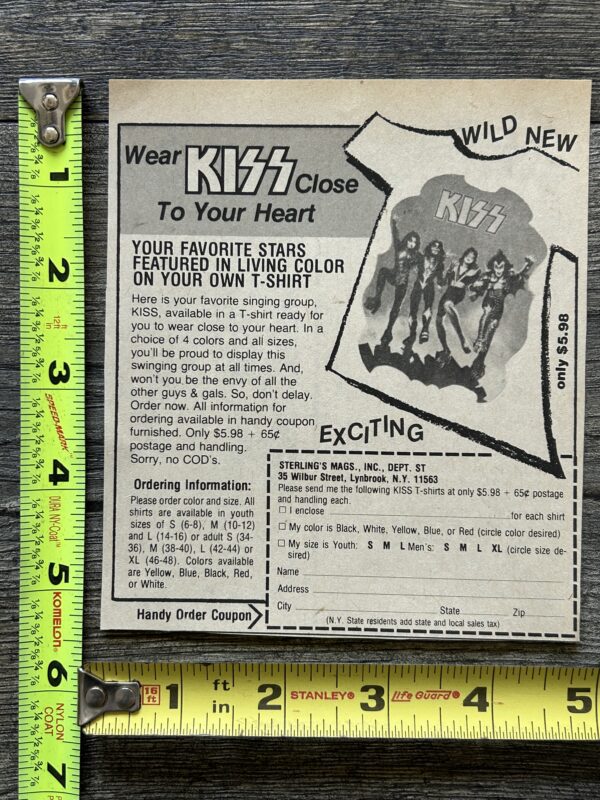 KISS Ad Advert Kiss Destroyer T-Shirt Order Form 1976 Vintage Kiss Aucoin Era