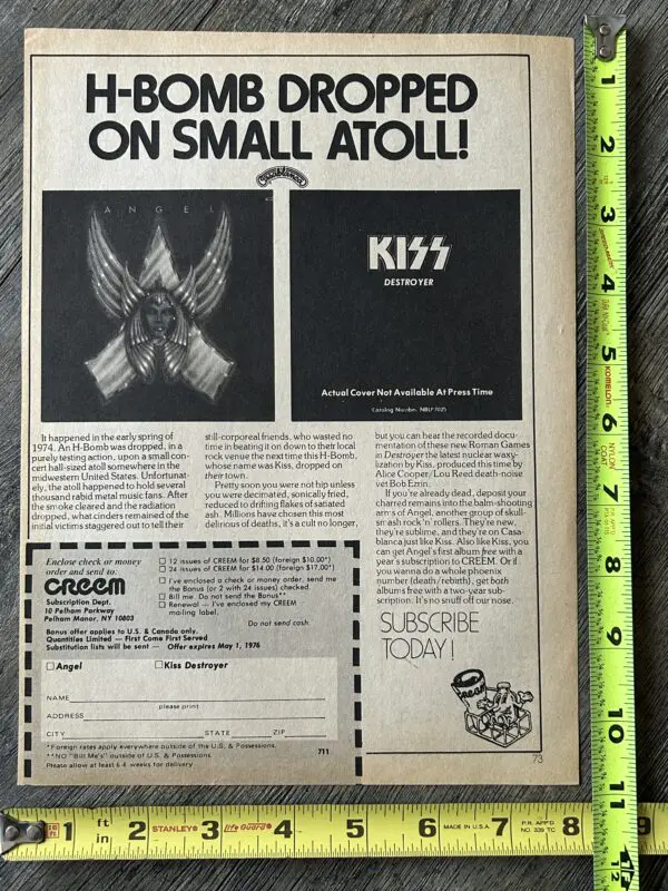 KISS Ad Advert Destroyer Vinyl Creem Magazine Subscription Vintage Kiss Aucoin