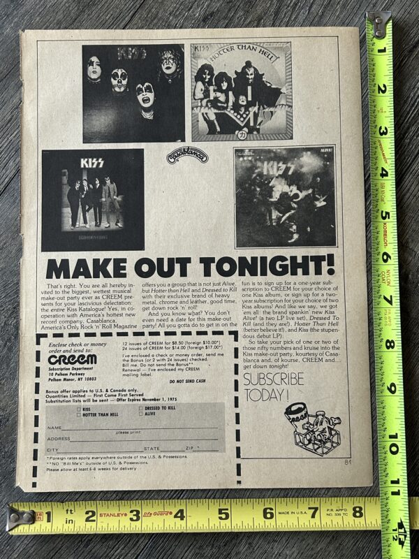 KISS Ad Advert KISS Vinyl 1974 1975 w/ Creem Subscription Vintage Kiss Aucoin