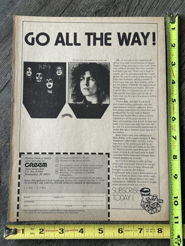 KISS Ad Advert Debut Album 1974 Creem Magazine Subscription Vintage Kiss Aucoin