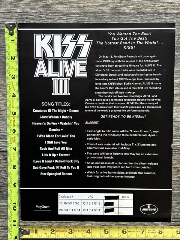 KISS Ad Advert Alive 3 CD Cassette Promo Sales Sheet USA 2sided Vintage Kiss - Image 2