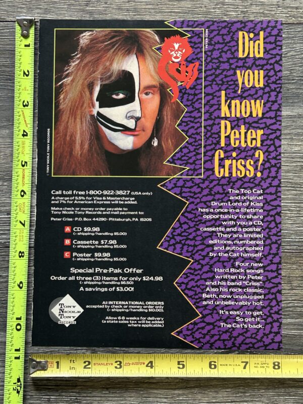 KISS Ad Advert PETER CRISS CD Cassette Poster 1986 USA Cat #1 Vintage Kiss