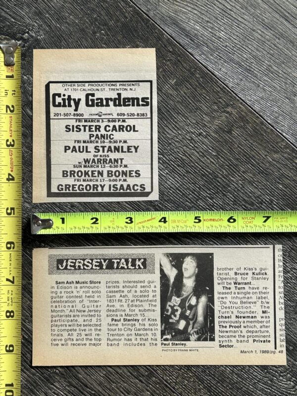 KISS Concert Ad Advert PAUL STANLEY Solo City Gardens NJ Lot 1989 Vintage Kiss