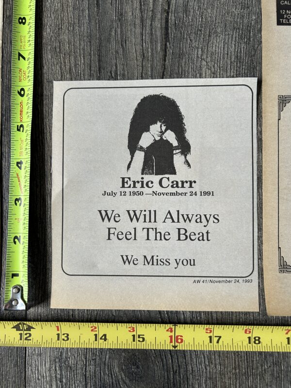 KISS Ad Advert ERIC CARR Memorial Tribute 1992 1993 1994 3pc Lot Vintage Kiss - Image 2