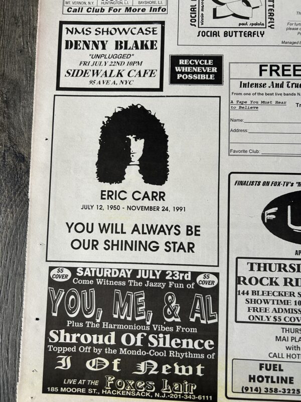 KISS Ad Advert ERIC CARR Memorial Tribute 1992 1993 1994 3pc Lot Vintage Kiss - Image 3