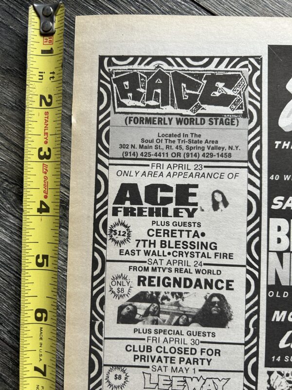 KISS Concert Ad Advert ACE FREHLEY Tour Apr 23 1993 Rage Club NY Vintage Kiss B