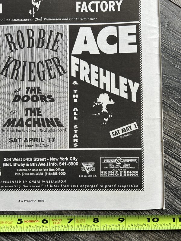 KISS Concert Ad Advert ACE FREHLEY Tour May 1 1993 The Ritz NYC Vintage Kiss A