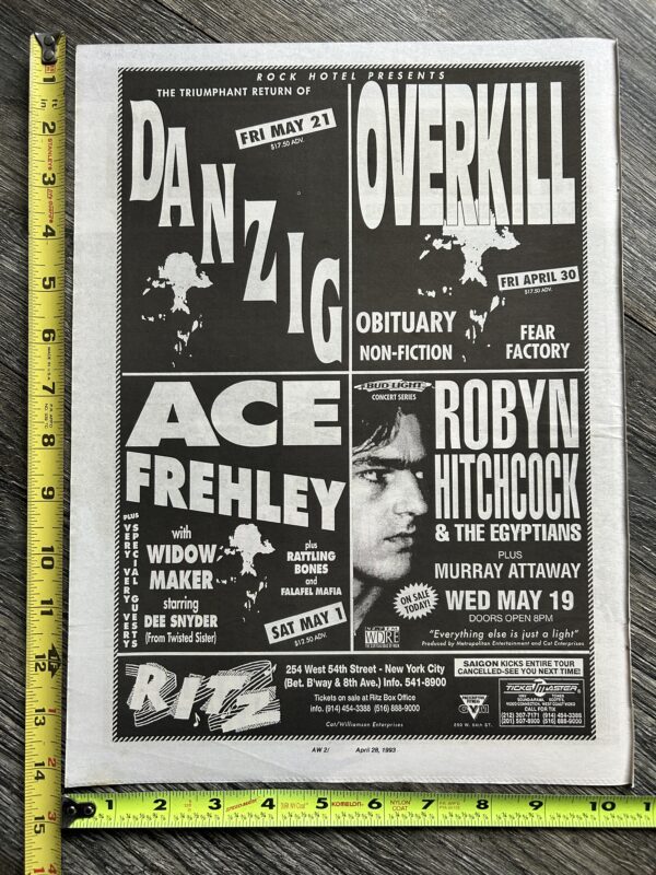 KISS Concert Ad Advert ACE FREHLEY May 1 1993 The Ritz NYC Vintage Kiss C Danzig - Image 2