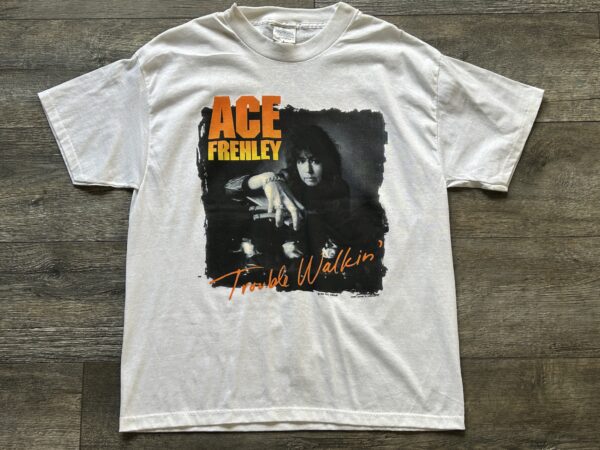 Kiss ACE FREHLEY Vintage Concert T-Shirt Trouble Walkin Black Card Vintage Kiss