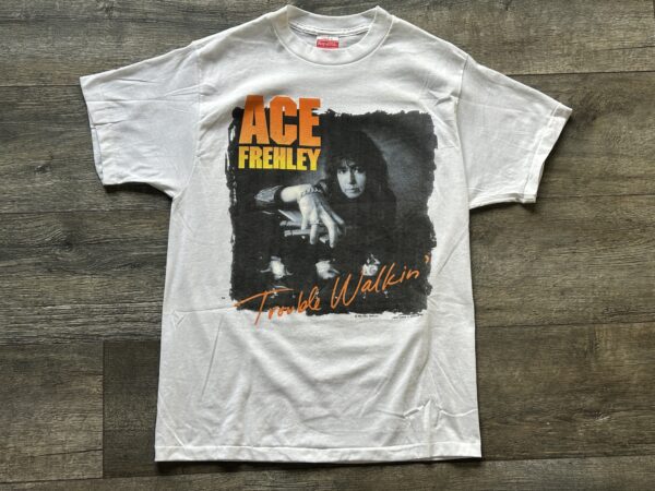 Kiss ACE FREHLEY Vintage Concert T-Shirt Trouble Walkin White Card Vintage Kiss