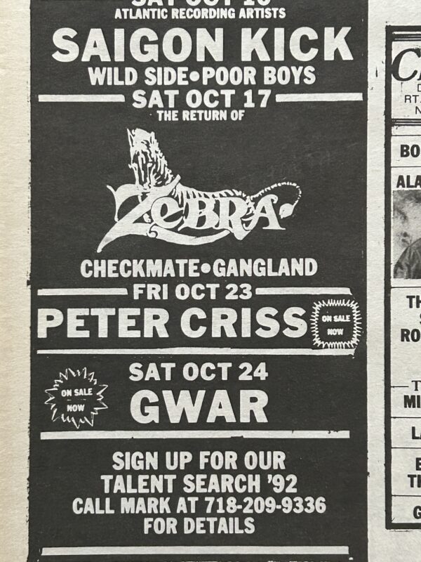 KISS Concert Ad Advert PETER CRISS Tour Oct 23 1992 L'Amour NYC Vintage Kiss