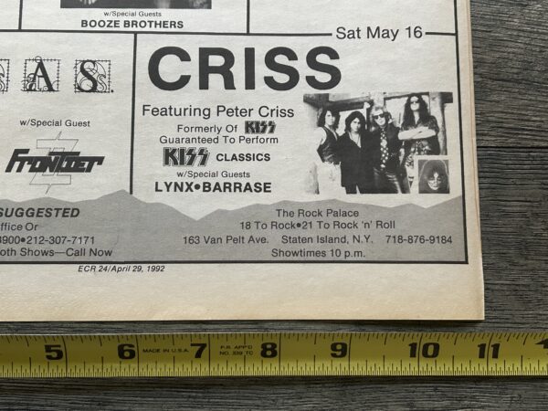 KISS Concert Ad Advert PETER CRISS Tour May 1992 Rock Palace NY Vintage Kiss A