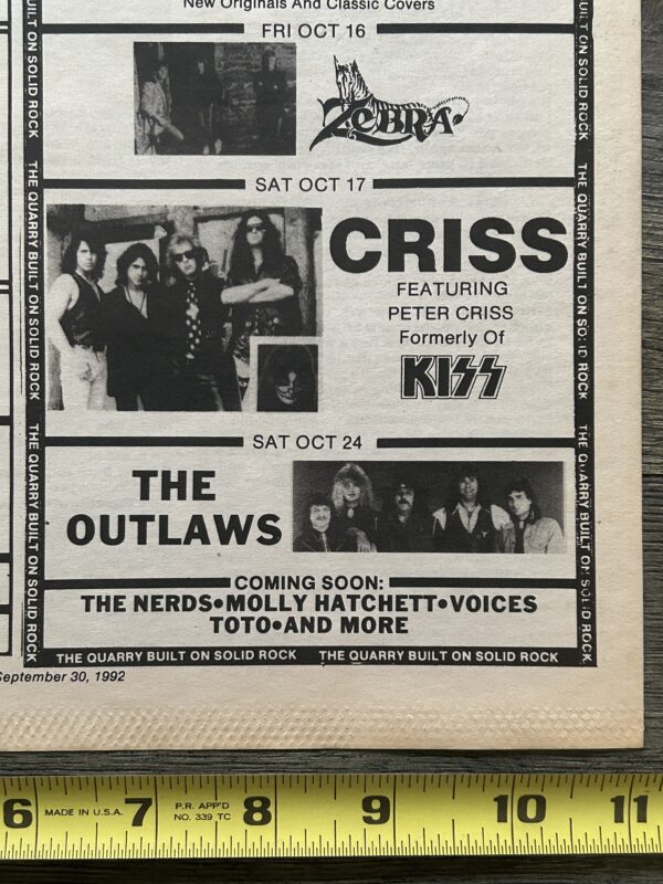 KISS Concert Ad Advert PETER CRISS Oct 17 1992 The Rock Quarry NJ Vintage Kiss A