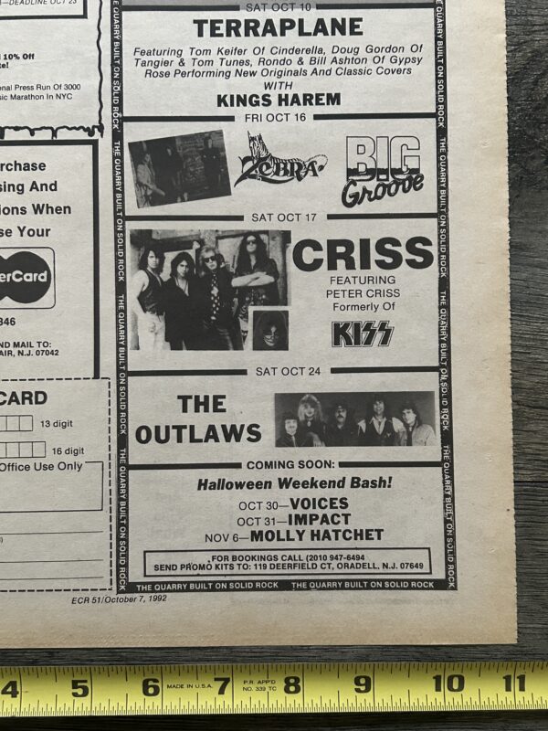 KISS Concert Ad Advert PETER CRISS Oct 17 1992 The Rock Quarry NJ Vintage Kiss B