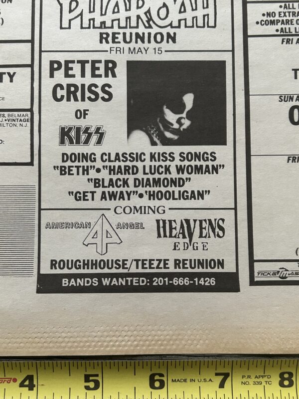 KISS Concert Ad Advert PETER CRISS Tour May 15 1992 Studio 1 NJ Vintage Kiss B