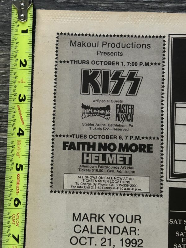 KISS Concert Ad Advert Revenge Tour 1st Show 1992 Bethlehem PA Vintage Kiss B