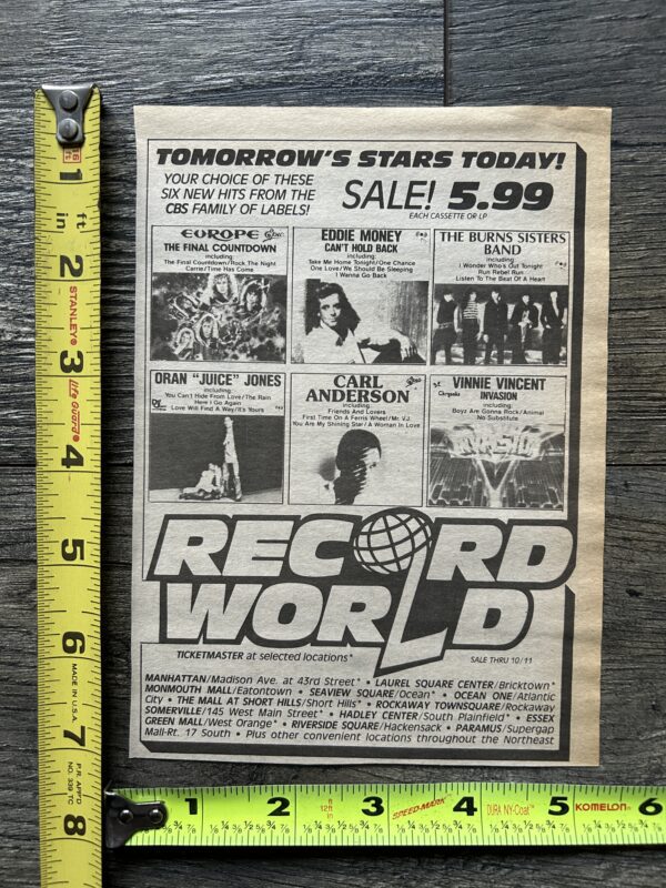 KISS Ad Advert VINNIE VINCENT Invasion Album Record World NY NJ Vintage Kiss