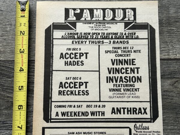 VINNIE VINCENT Invasion Concert Ad Advert Dec 11 1986 L'Amour NYC Vintage Kiss