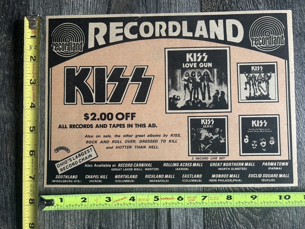 KISS Ad Advert Love Gun Vinyl LP Record Album Recordland Record Store Ohio Vintage Kiss Aucoin