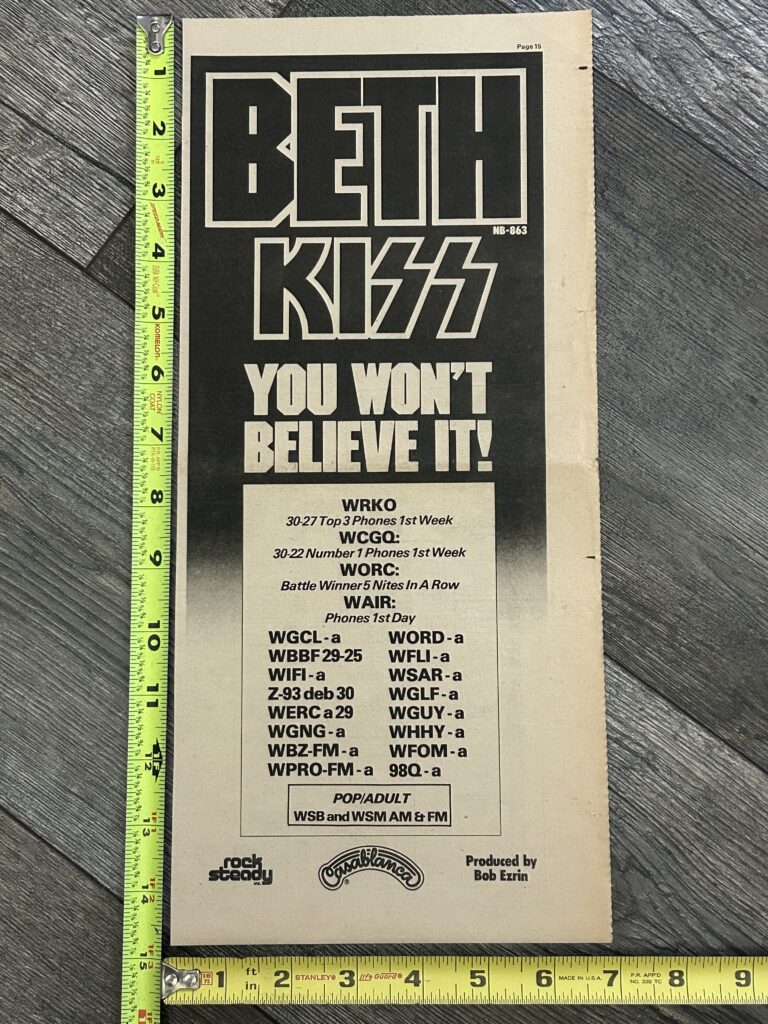 KISS Ad Advert Destroyer BETH Single Radio Airplay Vintage Kiss Aucoin