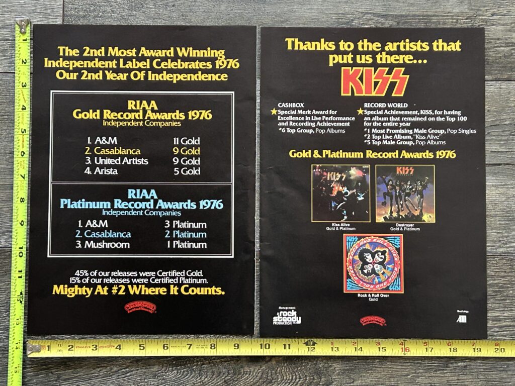 KISS Ad Advert Alive Destroyer Rock And Roll Over RIAA Award Vintage Kiss Aucoin