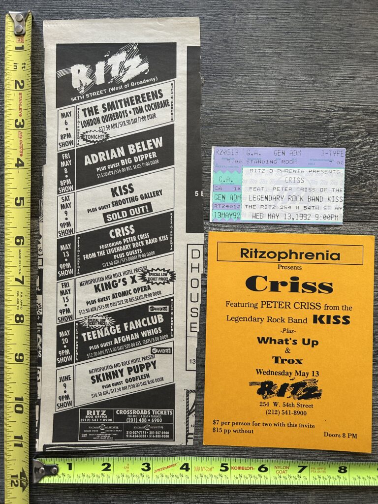 Kiss PETER CRISS Ritz NY Concert Ad Ticket Stub Handbill Set 1992 Vintage Kiss