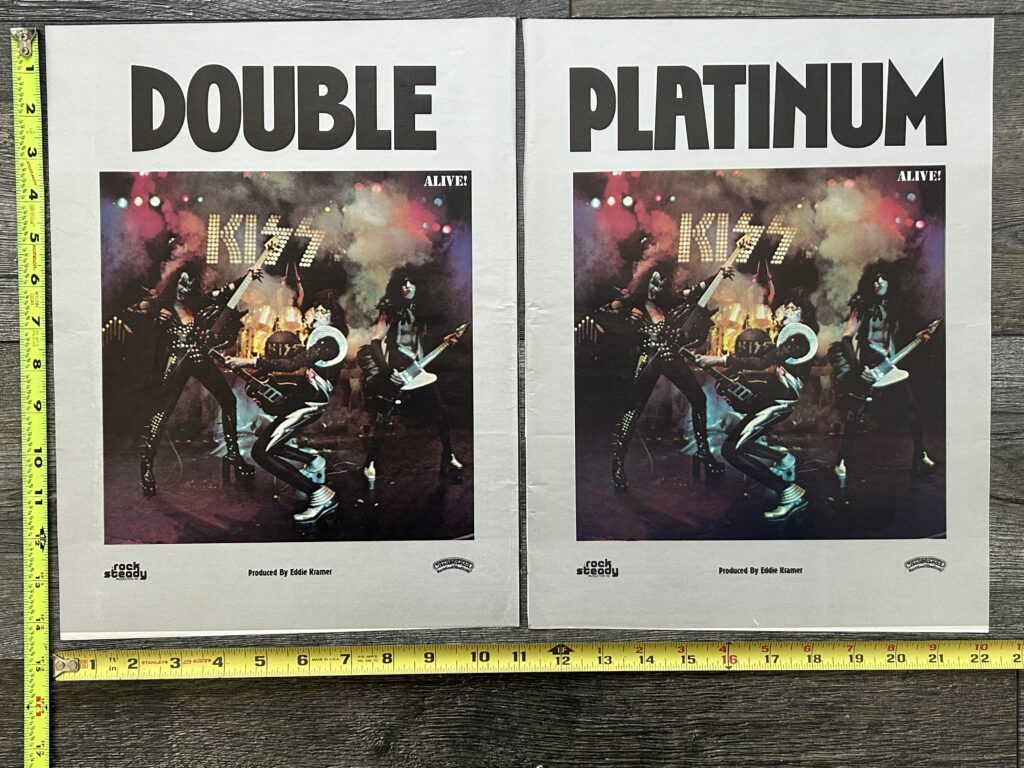 KISS Ad Advert ALIVE ALBUM Double Platinum 2pg Spread Vintage Kiss Aucoin 14x22