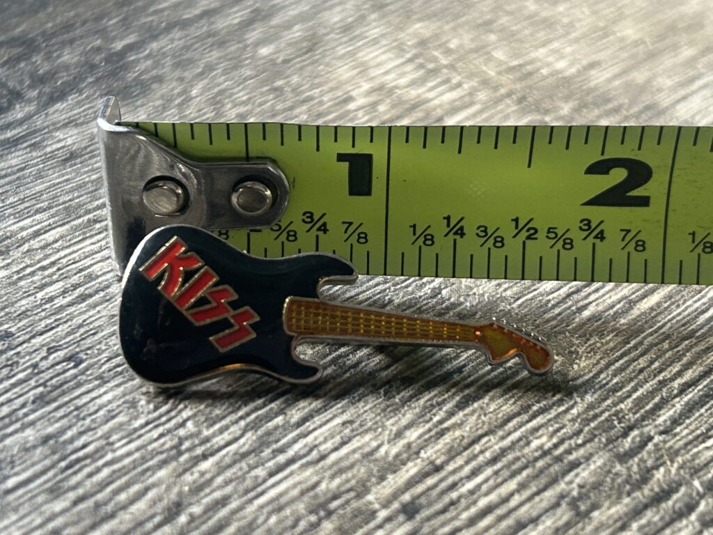 KISS Pin Badge Enamel Guitar Red Logo Black 1 1/2 UK TM Back Vintage Kiss 1980's