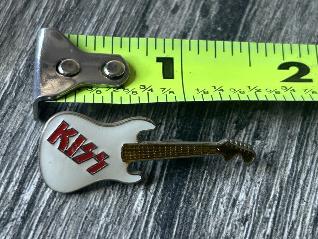 KISS Pin Badge Enamel Guitar Red Logo White UK 1 1/2" TM On Back Vintage Kiss