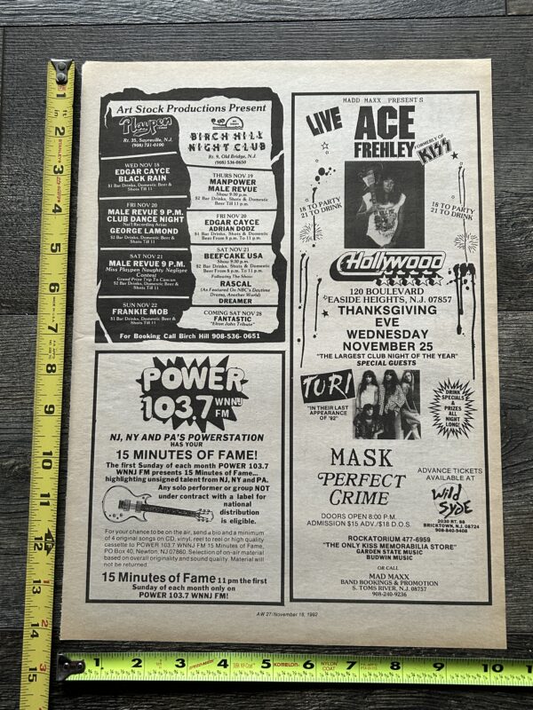 KISS Concert Ad Advert ACE FREHLEY Nov 25 1992 Hollywood Club NJ Vintage Kiss