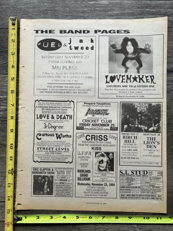 KISS Concert Ad Advert PETER CRISS Nov 23 1994 Woodlands Grand Ballroom Vintage Kiss