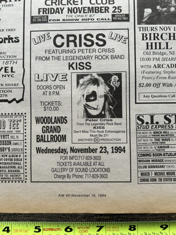 KISS Concert Ad Advert PETER CRISS Nov 23 1994 Woodlands Grand Ballroom Vintage Kiss - Image 2